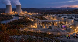 Cooling towers of a nuclear plant vent steam above a river valley at dusk while a direct power corridor runs from its switchyard into a large data center campus.
