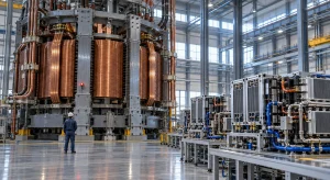 A worker stands before a huge copper-wound transformer core while rows of liquid-cooled solid-state transformer modules are assembled on the same factory floor.