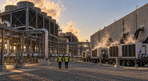 Two technicians walk past cooling towers and trailer-mounted chillers venting heat haze beside a concrete data center at golden hour.