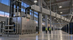 A compact liquid-cooled solid-state transformer feeds an overhead DC busway that runs into rows of AI server racks in a data hall, with two technicians seen from behind.