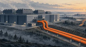Illustration of a data center in misty countryside at dawn, with two large orange district-heating pipes leaving its cooling plant through a trench toward a distant town.
