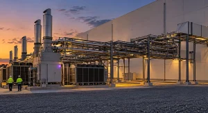 Gas turbine exhaust stacks and an elevated pipe and busway corridor run straight into the wall of a large data center at dusk, with two workers seen from behind.