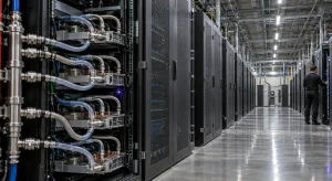 A liquid-cooled server bay with braided coolant hoses stands out in the foreground of a long data hall of air-cooled cabinets, with a technician working further down the aisle.