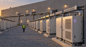 A technician walks between long rows of fuel-cell cabinets toward a data center wall fed by overhead gas and power lines at golden hour.