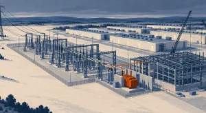 Illustration of a large substation feeding a data center campus, with an orange new transformer connected to a hall still under construction beneath cranes.