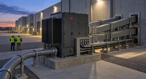 A freshly installed solid-state transformer outside a data hall at dusk takes one medium-voltage feeder in and sends heavy DC busways and smaller conduits into the building.