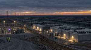 At twilight only two halls of a vast data center campus are lit while rows of finished halls stand dark to the horizon beside a small substation.