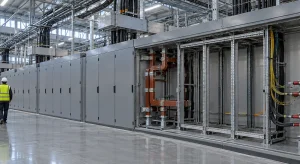 A row of grey switchgear cabinets in a data-center electrical gallery has one bay open, showing busbars and empty racks prepared for a future converter module.