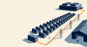 Illustration of a long queue of gas turbines on transport skids leading from an assembly hall to a data center, with an orange power line running along wired transmission towers.