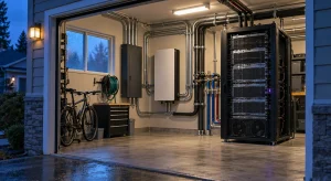 A suburban garage at dusk holds a home electrical panel, a wall battery and a liquid-cooled server rack with a small violet light, next to a bicycle and garden hose.