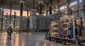 An engineer seen from behind walks through a high-voltage test hall where a compact liquid-cooled solid-state transformer prototype stands in front of a large conventional transformer.