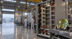 A silicon carbide wafer rests on a carrier beside an open solid-state transformer cabinet with empty module racks, while technicians in cleanroom suits work further down the assembly hall.