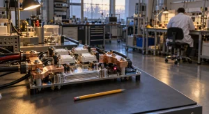 A palm-sized power converter prototype with copper busbars and a liquid-cooled plate sits on a laboratory bench next to a pencil, with a researcher working in the background.