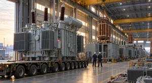 A finished power transformer sits on a heavy-haul trailer at the head of a long factory hall of unfinished transformer tanks, with workers seen from behind.