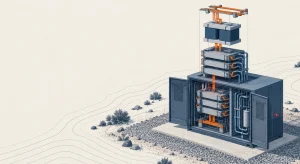 Illustration of a pad-mounted solid-state transformer with its converter modules, magnetic core and busbars shown in an exploded stack above an open cabinet, over a contour-line landscape.