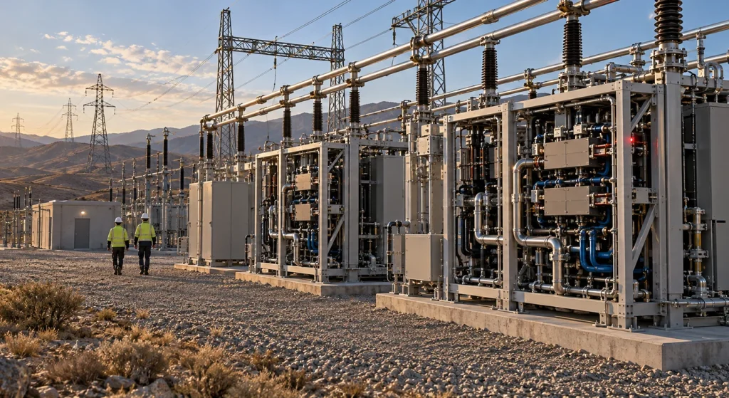 Two technicians walk along rows of modular solid-state transformer cabinets under high-voltage busbars in a desert substation at golden hour.