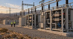 Two technicians walk along rows of modular solid-state transformer cabinets under high-voltage busbars in a desert substation at golden hour.