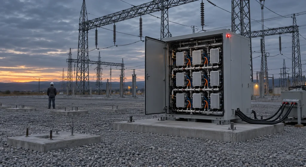 A single open solid-state transformer cabinet stands on a pad among empty concrete footings at dusk, cabled only to a portable load bank, with a technician in the distance.