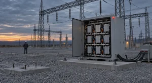 A single open solid-state transformer cabinet stands on a pad among empty concrete footings at dusk, cabled only to a portable load bank, with a technician in the distance.