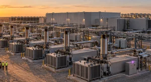 Rows of containerised natural gas generator sets with tall exhaust silencers power a cluster of data halls on flat West Texas scrubland at golden hour.