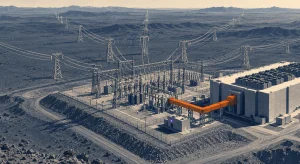 Illustration of a desert substation beside a data center, with six transmission corridors radiating to the horizon and an orange bus duct feeding the data center.