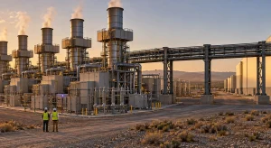 A row of gas turbine exhaust stacks rises beside a desert data center campus at golden hour, linked to it by an overhead busway bridge, with two engineers seen from behind.