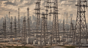 High-voltage substation switchyard with transformer bays and transmission gantries near the Houston skyline