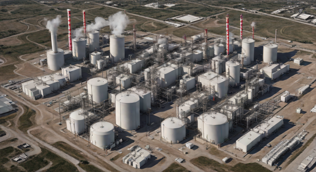 Combined-cycle gas power block with heat recovery steam generators next to a data center campus and transmission lines