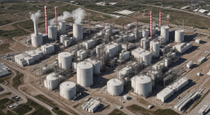 Combined-cycle gas power block with heat recovery steam generators next to a data center campus and transmission lines