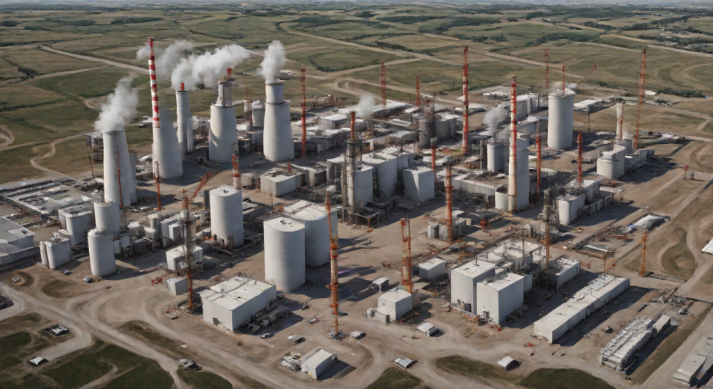 Construction site of a dual-fuel power station with turbine halls and reciprocating engine buildings on Nebraska farmland