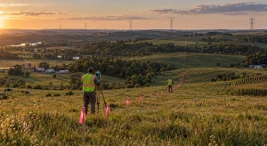 Surveyors in high-visibility vests mark a straight line of ribboned stakes across rolling farmland at sunset, with an existing transmission line on the horizon.