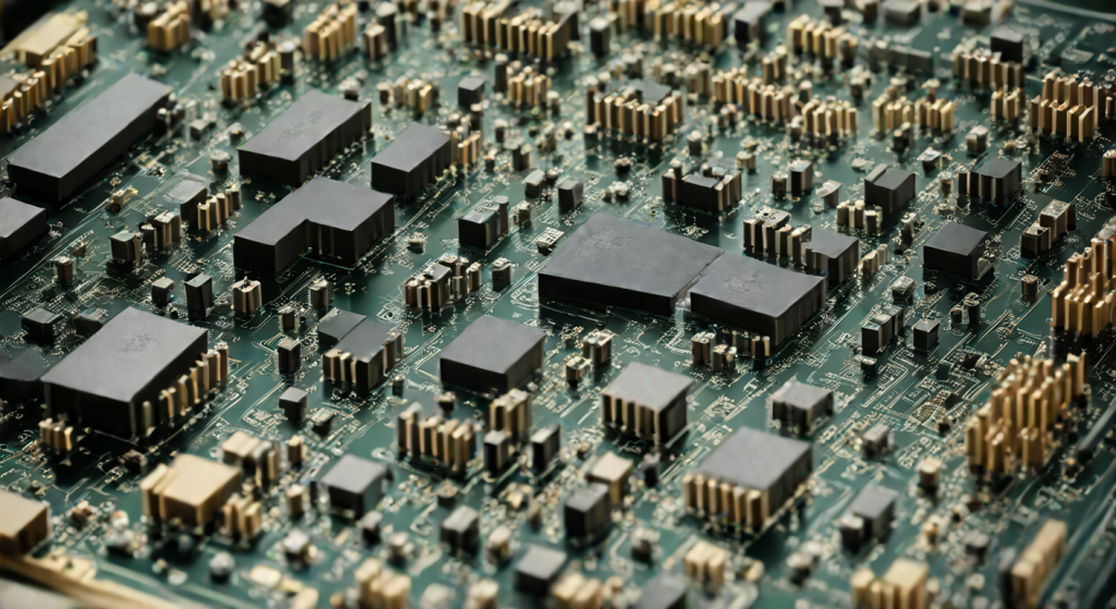 Macro view of a dense gallium nitride power converter board for an AI server rack