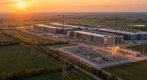 Aerial view at sunset of a hyperscale data center campus under construction on Midwestern farmland, with cranes, a new high-voltage substation and transmission lines leading across the fields.