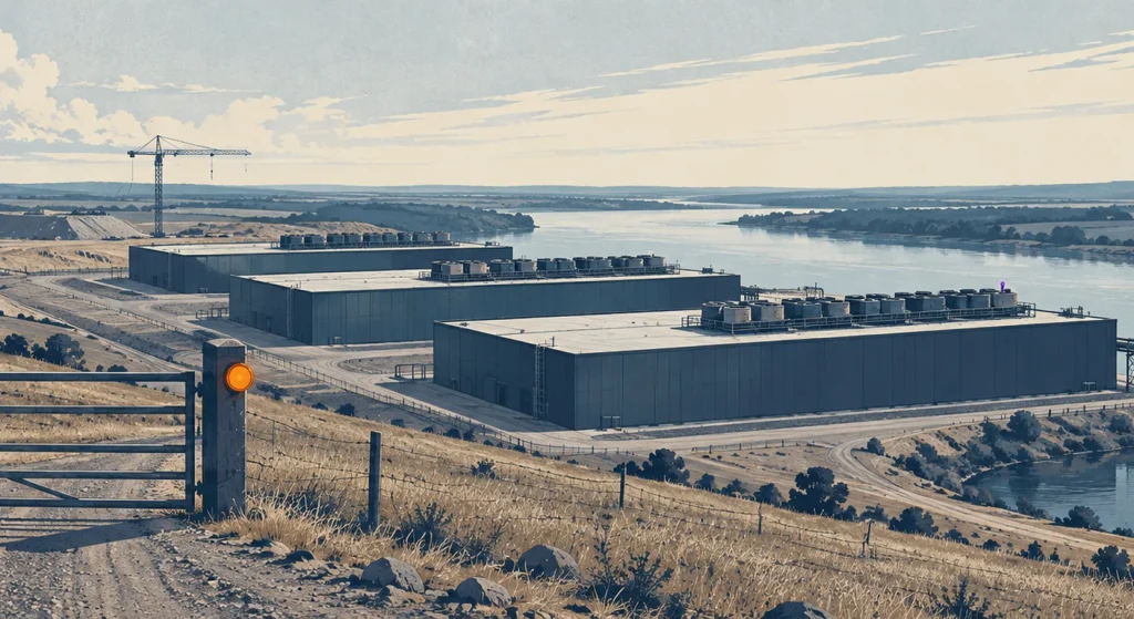 Illustration of three windowless data center halls on dry Oregon farmland by a river, with a closed gate across the access road and an idle crane over an empty lot.