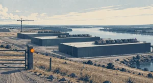 Illustration of three windowless data center halls on dry Oregon farmland by a river, with a closed gate across the access road and an idle crane over an empty lot.