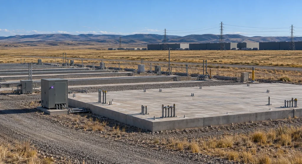 Empty concrete equipment pads on dry high plains with a distant data center campus and transmission towers.
