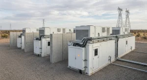 Rows of white containerized battery storage units separated by concrete fire walls near transmission towers.