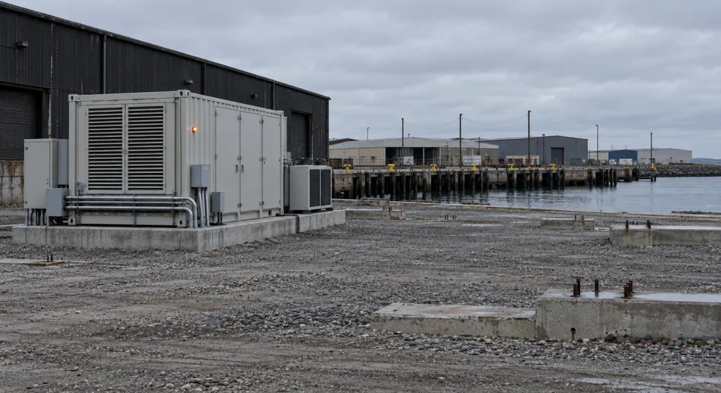 A large gray battery-storage enclosure stands on a concrete pad beside industrial waterfront buildings under an overcast sky.