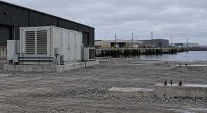 A large gray battery-storage enclosure stands on a concrete pad beside industrial waterfront buildings under an overcast sky.