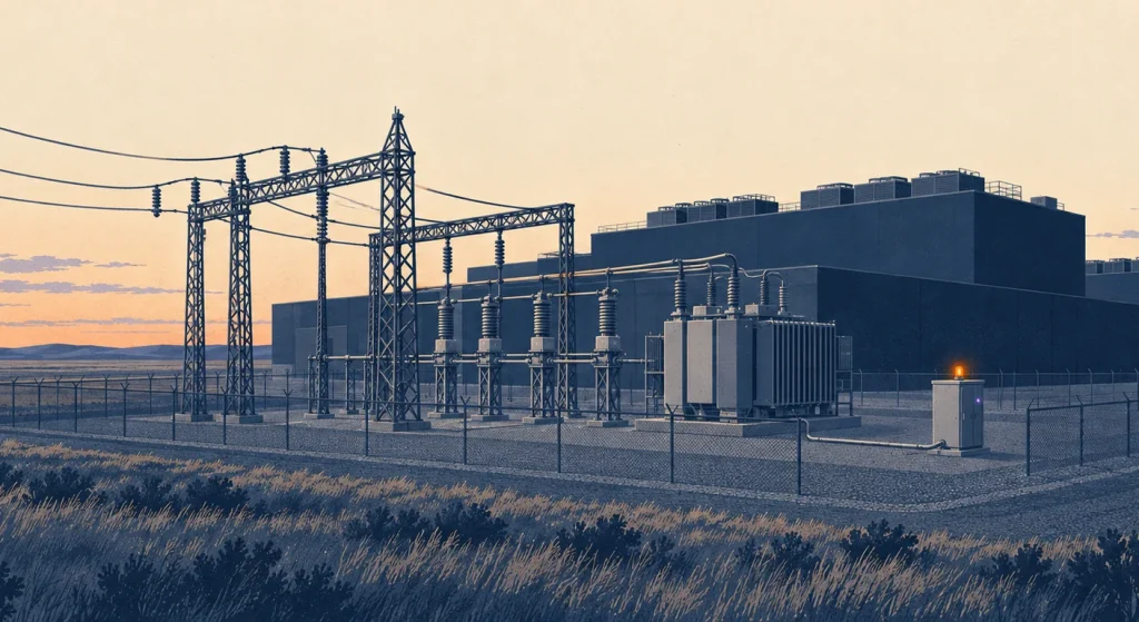 A navy-and-cream illustration shows a data center behind a fenced high-voltage substation, with a small monitoring cabinet beside the transformer.