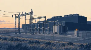 A navy-and-cream illustration shows a data center behind a fenced high-voltage substation, with a small monitoring cabinet beside the transformer.
