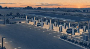 A navy-and-cream illustration shows two cars among mostly empty fast-charging bays beneath a long canopy beside a highway at sunset.