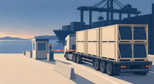 A truck carrying crated solar panels waits at a port barrier beneath container cranes, illustrated in navy, slate and cream.