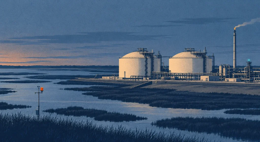 A navy, slate and cream illustration shows an LNG facility with two storage tanks and a burning flare beside coastal wetlands, with atmospheric monitoring equipment in the foreground.
