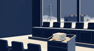 A navy, slate and cream illustration shows an empty utility hearing room with stacked binders and a microphone overlooking a transmission tower and data center.
