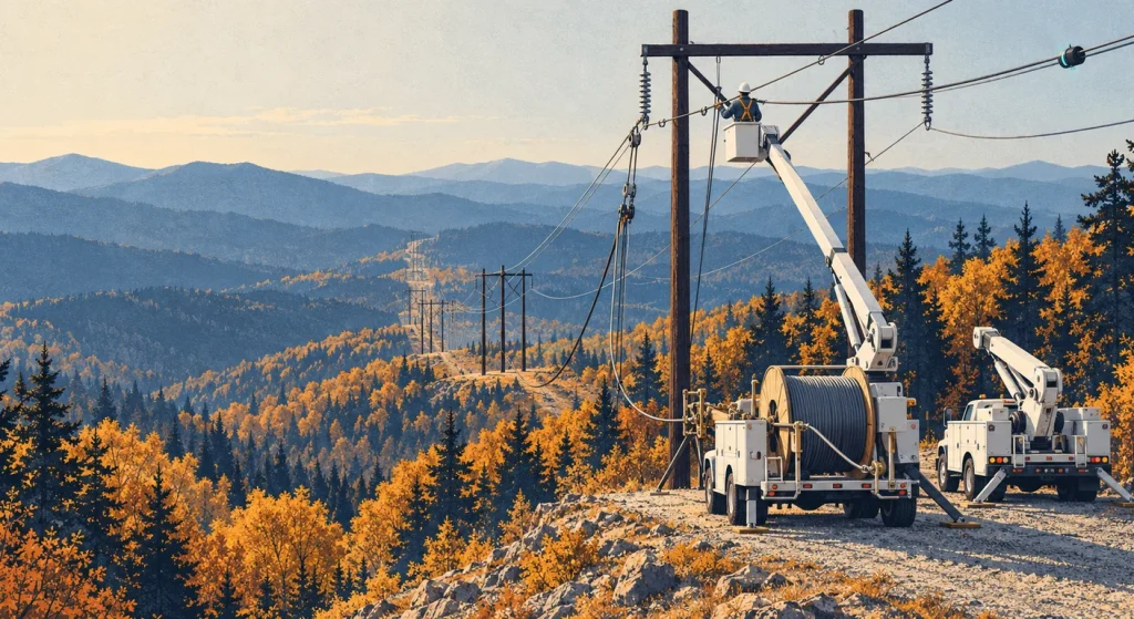 An illustration shows a utility worker in a bucket truck reconductoring transmission lines above an autumn Appalachian mountain valley.