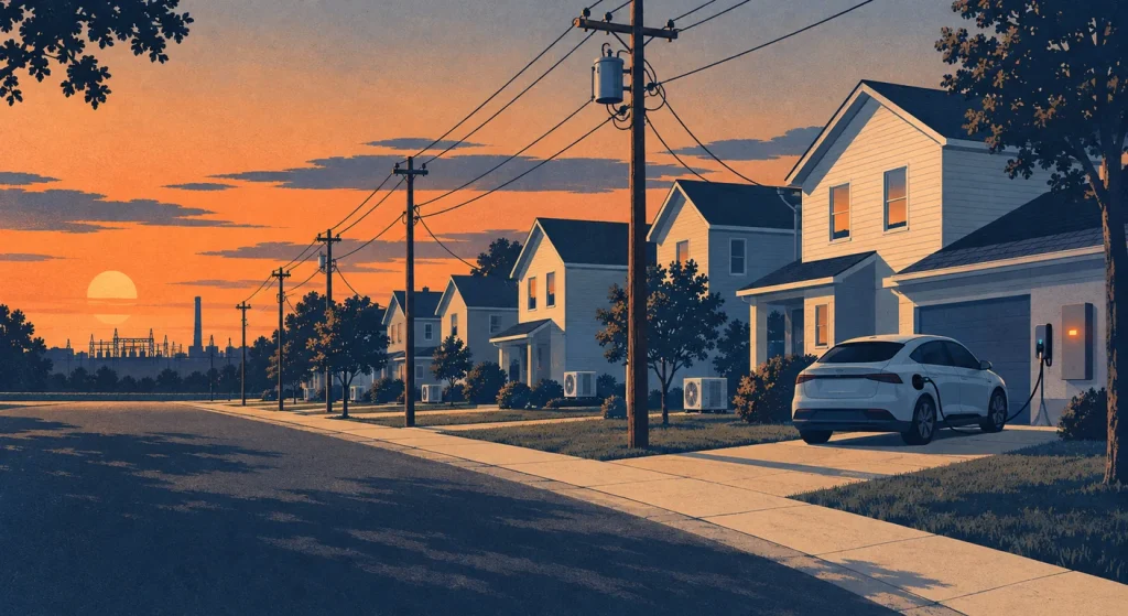 A stylized suburban street at sunset shows homes with heat pumps, a wall battery and a charging electric car beneath connected utility lines.