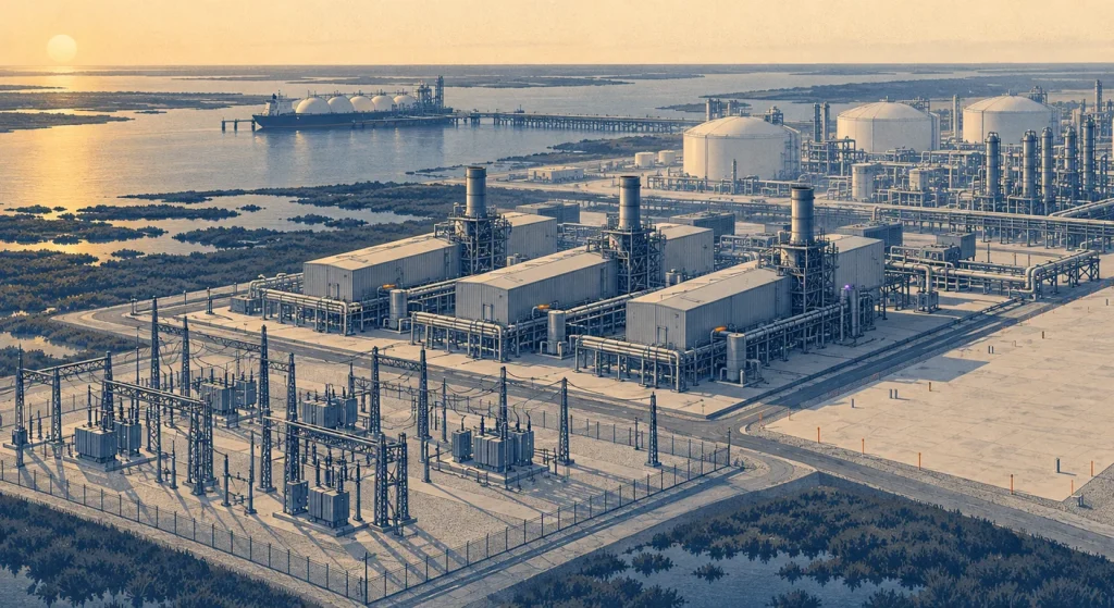 A navy, slate, and cream illustration shows gas power blocks and an electrical substation beside coastal LNG storage tanks and a docked LNG carrier.