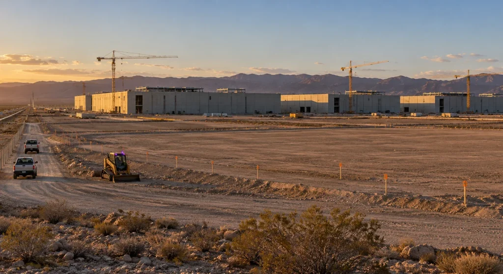 Cranes rise above a large industrial campus under construction in a desert landscape, with trucks, earthmoving equipment and mountains in warm evening light.