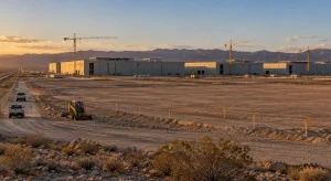 Cranes rise above a large industrial campus under construction in a desert landscape, with trucks, earthmoving equipment and mountains in warm evening light.